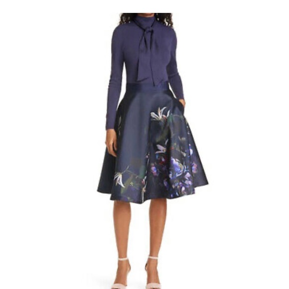 Ted Baker Dominaa Pomegranate Tie Neck Fit & Flare Full Skirt Midi Dress - Picture 1 of 5